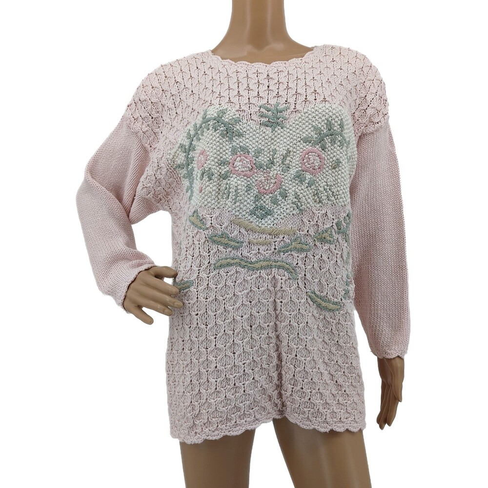 Vintage 90s Malarkey Sweater Hand Knit Pink Cottage Floral Shoulder Pads Size M